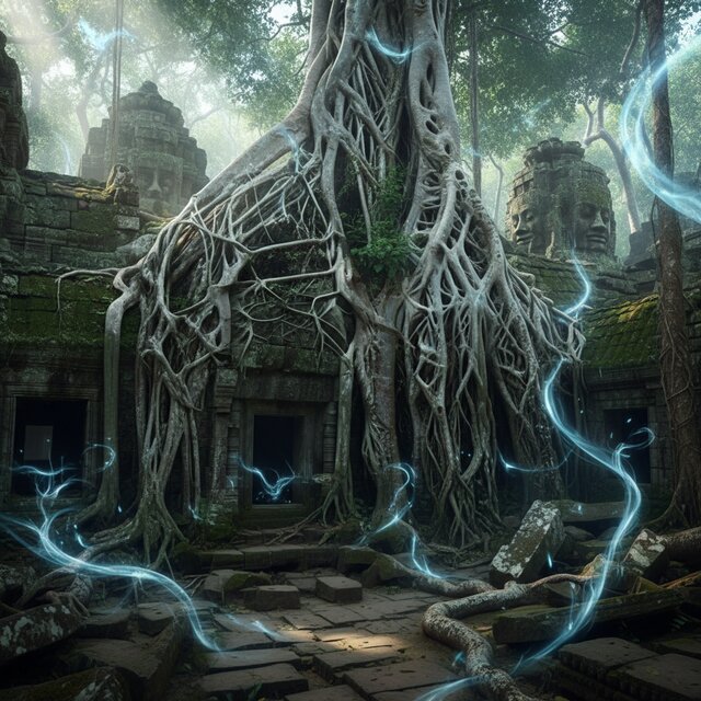 Mystical ancient ruins of Angkor overgrown with thick jungle roots