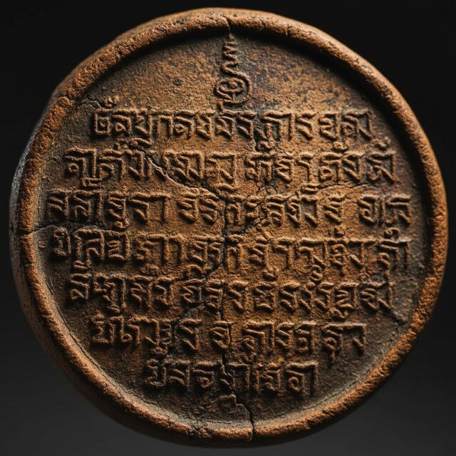 Extreme macro close-up of the back of a traditional Thai clay amulet showing intricate ancient Khom script deeply etched