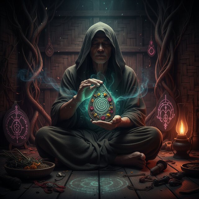 A mysterious Thai Arjan master in the shadows chanting ancient Khom spells over a glowing herbal clay amulet