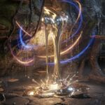 Glowing metallic adamantine stone Lek Lai emerging from a damp cave wall