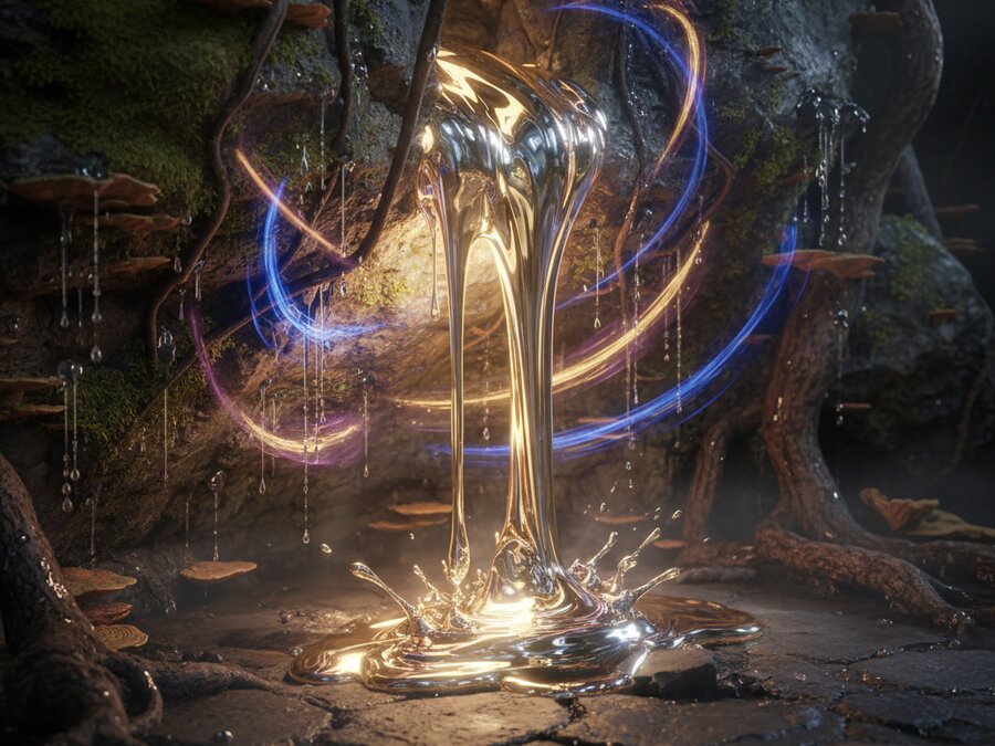 Glowing metallic adamantine stone Lek Lai emerging from a damp cave wall