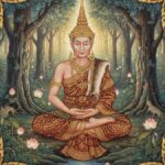 A traditional authentic Thai Buddhist temple mural wall painting of a powerful Ruesi Lersi hermit sage wearing a golden Chada crown, sitting in deep meditation in a mystical forest, framed by intricate golden Lai Thai Kranok patterned borders