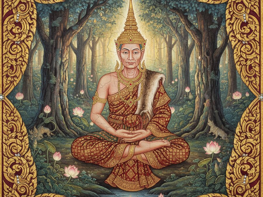 A traditional authentic Thai Buddhist temple mural wall painting of a powerful Ruesi Lersi hermit sage wearing a golden Chada crown, sitting in deep meditation in a mystical forest, framed by intricate golden Lai Thai Kranok patterned borders