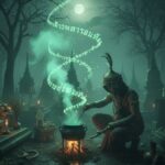 Dark occult Thai graveyard ritual with a necromancer boiling a cauldron and glowing Khom scripts