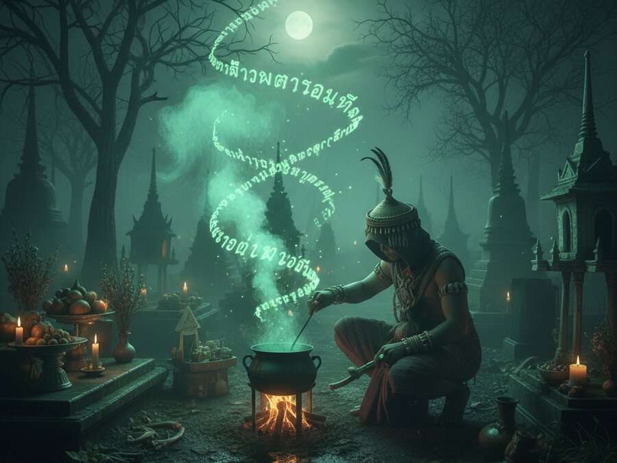 Dark occult Thai graveyard ritual with a necromancer boiling a cauldron and glowing Khom scripts