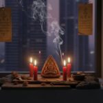 A triangular clay Phra Ngang amulet on an urban altar surrounded by red candles and incense, blending modern city shadows with dark ancient Khmer animist aesthetics
