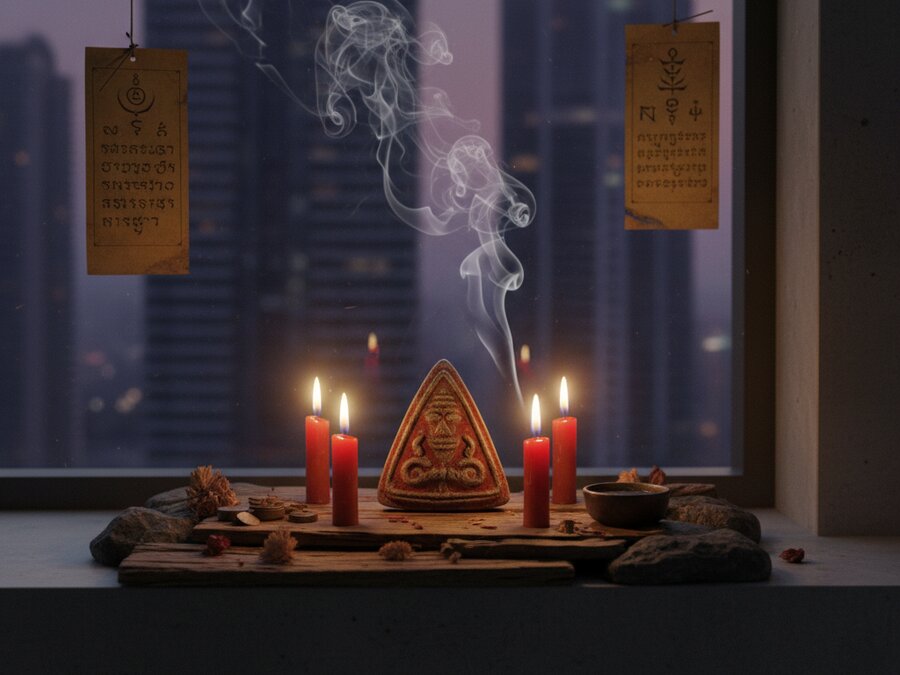 A triangular clay Phra Ngang amulet on an urban altar surrounded by red candles and incense, blending modern city shadows with dark ancient Khmer animist aesthetics