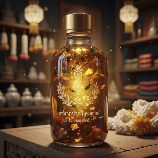 A modern Thai herbal magic oil bottle filled with 108 sacred forest herbs and gold flakes (Wan Maha Sanaeh)