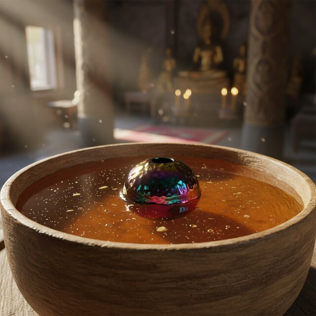 A beautiful, iridescent rainbow-colored metallic Lek Lai bead resting inside a small wooden bowl filled with wild forest honey