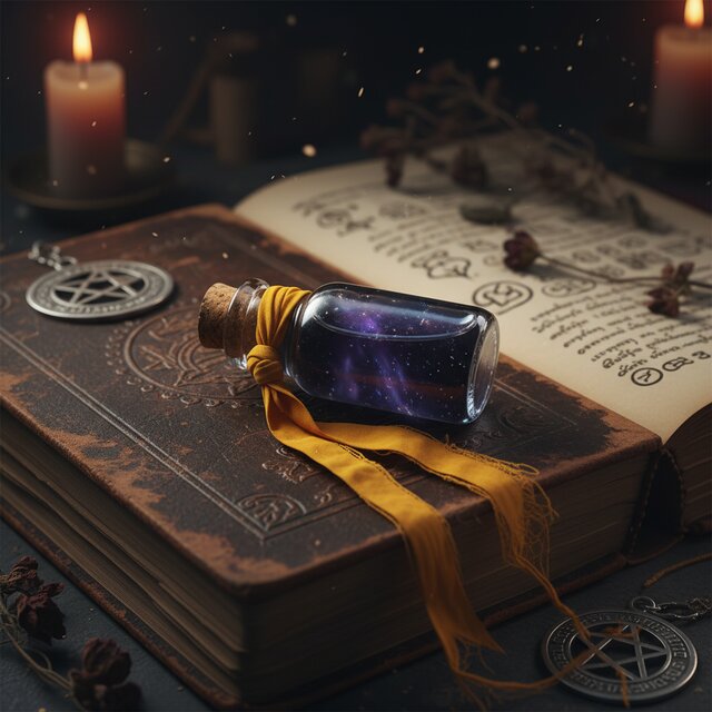 A close up of a small vintage glass phial containing dark mystical oil, tied with a sacred saffron yellow Buddhist monk robe string