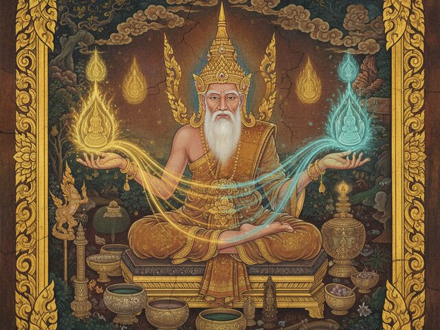 A traditional Thai Buddhist temple mural of a Ruesi Lersi hermit sage wearing a golden Chada crown, magically creating sacred amulets with glowing energy, framed by Lai Thai Kranok borders