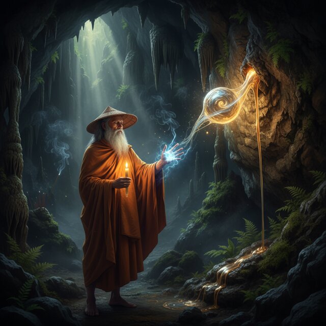 A traditional Thai forest monk or Ruesi master holding a single beeswax candle up to a dark cave wall, magically extracting Lek Lai