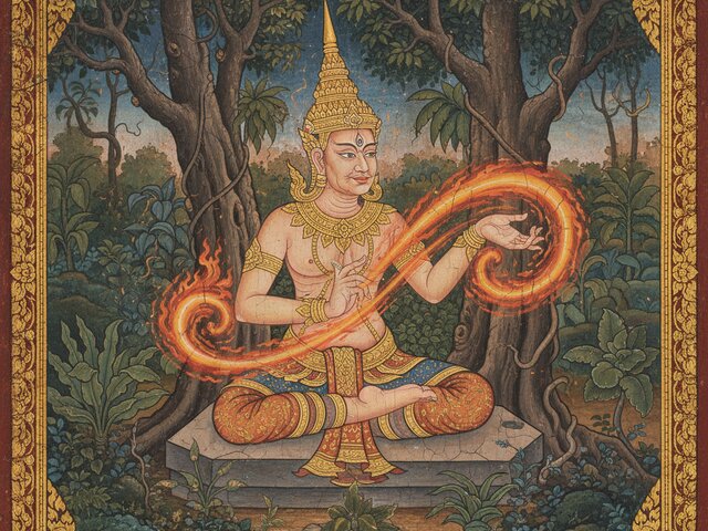 A traditional Thai Buddhist temple mural of Ruesi Tafai with a third eye and a golden Chada crown, manipulating fire magic, framed by Lai Thai Kranok borders