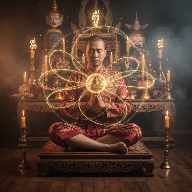 Traditional Thai sorcerer holding an amulet between palms in deep meditation with glowing ethereal energy