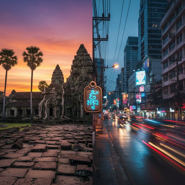Cinematic double exposure blending ancient stone ruins of Angkor Wat with glowing neon streets of modern Bangkok