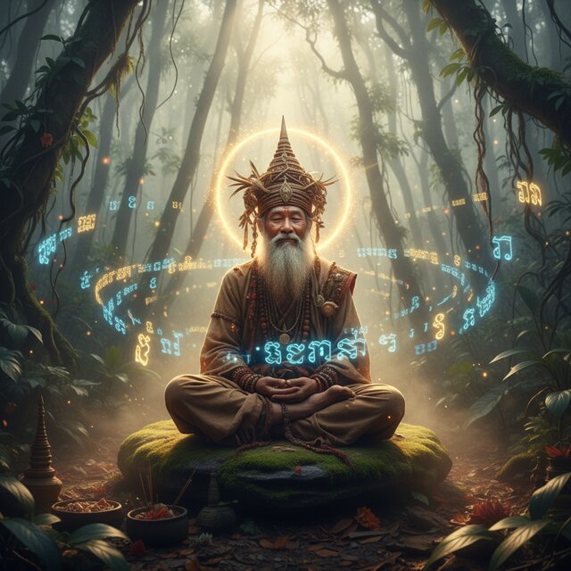 Mystical Thai Lersi hermit master meditating in a deep misty jungle with ancient Khmer script