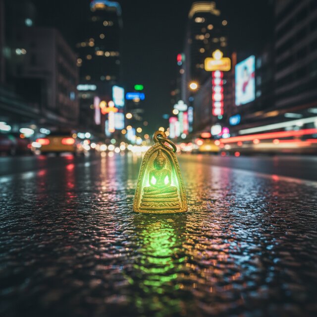 Glowing traditional Thai amulet resting on a gritty urban street surface reflecting neon lights of Bangkok