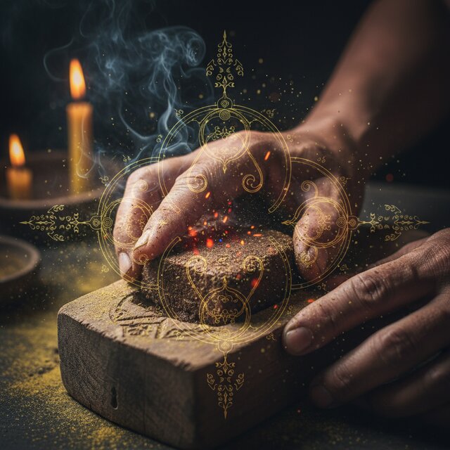 Close up of a traditional Thai amulet being molded from sacred herbal powders and embers